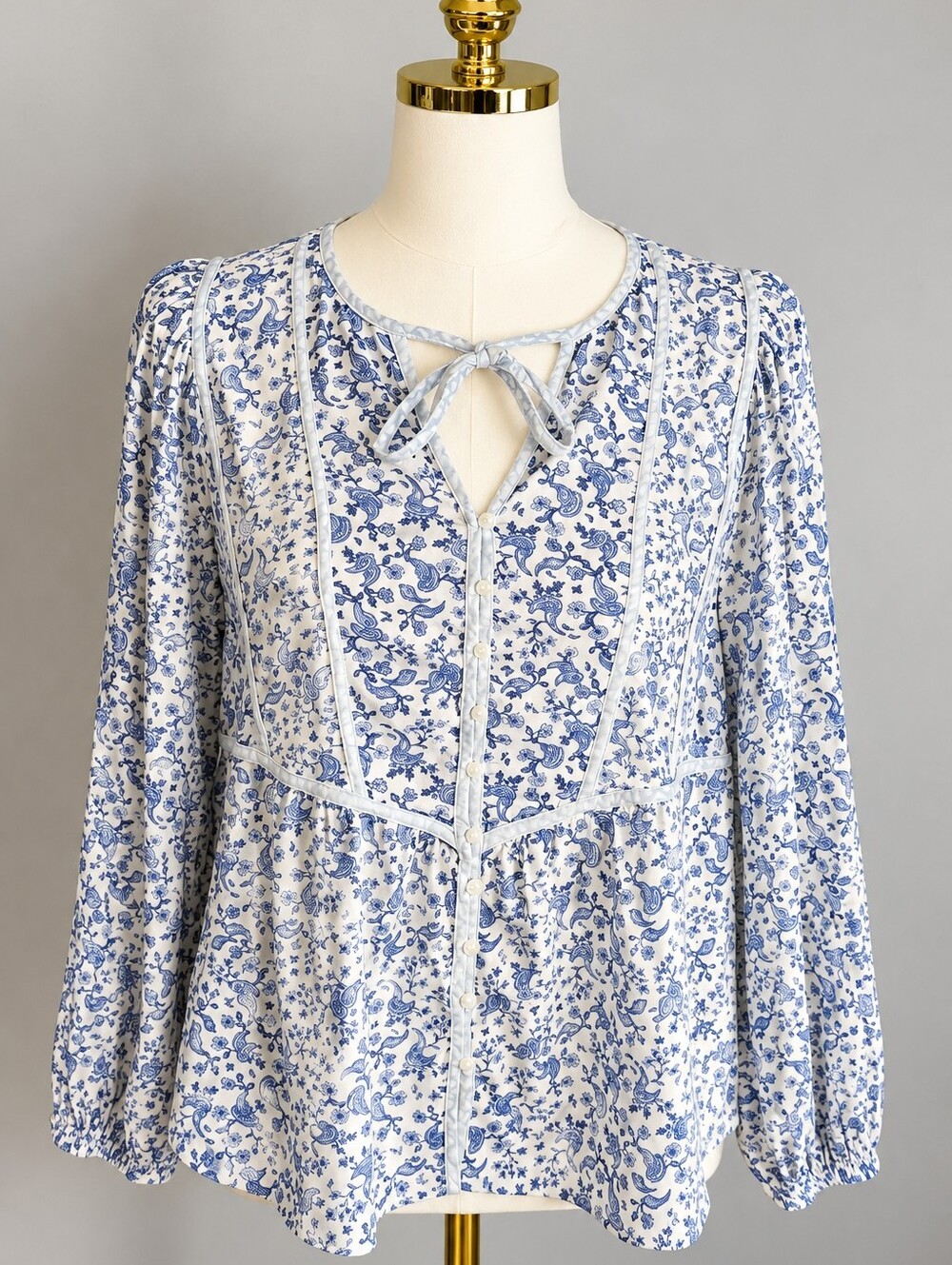 Old Navy Blue White Paisley Floral Peasant Blouse Small